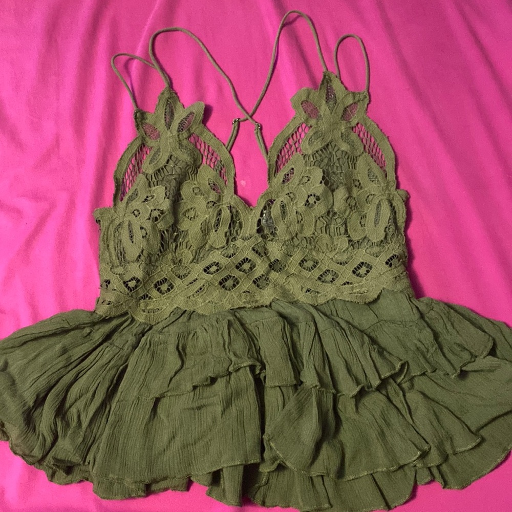 Cropped flowy Olive green top with double straps and crisscross back